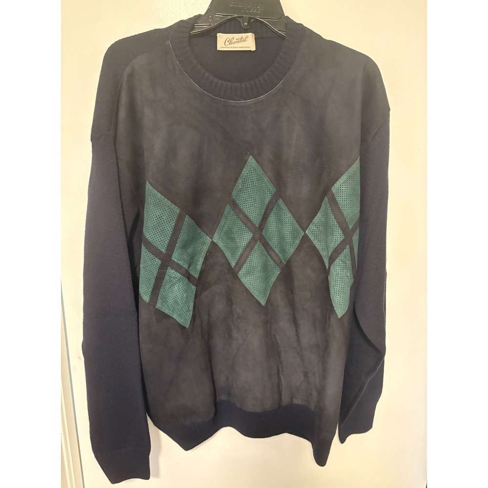 Chantal Italy Mens Navy Blue Knit Charcoal Suede Argyle Crewneck Sweater Vintage